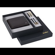  DR214 Hediyelik Set Tükenmez Kalem - Mekanik Kurşun Kalem 35 Noble Gold Krom & Deri Klasik Cüzdan Kahverengi Ürün görseli