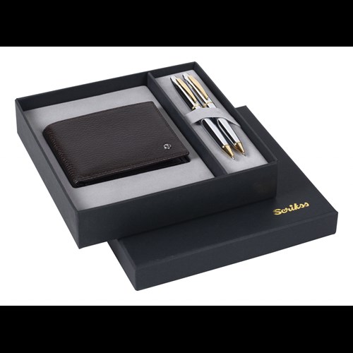  DR214 Hediyelik Set Tükenmez Kalem - Mekanik Kurşun Kalem 35 Noble Gold Krom & Deri Klasik Cüzdan Kahverengi