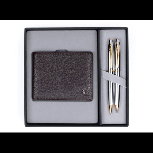  DR214 Hediyelik Set Tükenmez Kalem - Mekanik Kurşun Kalem 35 Noble Gold Krom & Deri Klasik Cüzdan Kahverengi