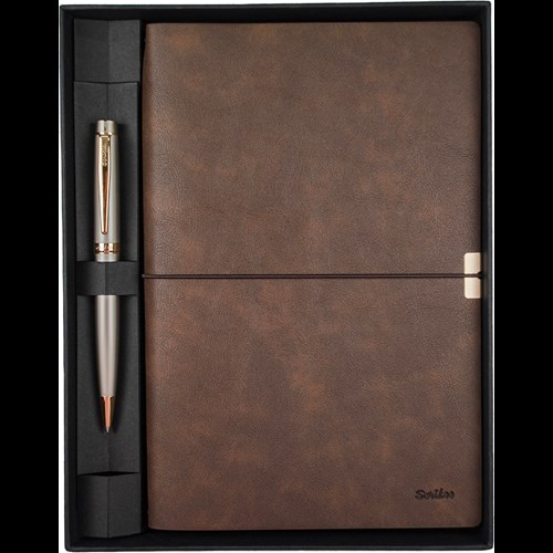 SD700-2-A Toledo Premium Defter A5 Kahverengi & Honour 38 Saten Altın Tükenmez Kalem Seti