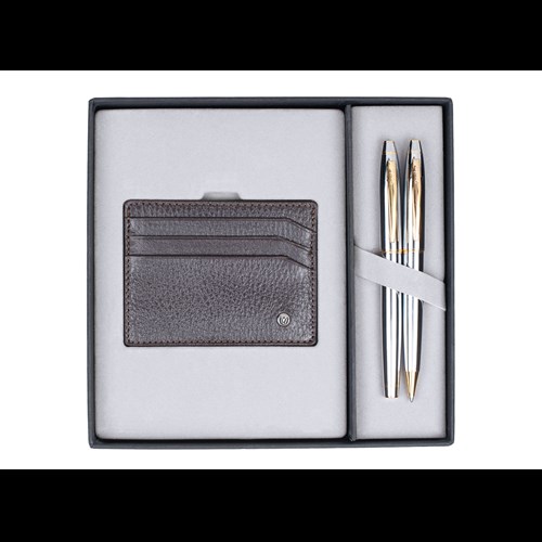  DR216 Hediyelik Set Dolma Kalem - Tükenmez Kalem 35 Noble Gold Krom & Deri Kredi Kartlık Kahverengi