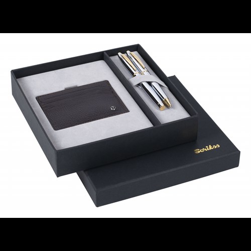  DR216 Hediyelik Set Dolma Kalem - Tükenmez Kalem 35 Noble Gold Krom & Deri Kredi Kartlık Kahverengi