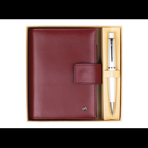  DR3202-C3/2 Hediyelik Set Tükenmez Kalem 62 Chic Beyaz & Deri Cep Ajanda Bordo