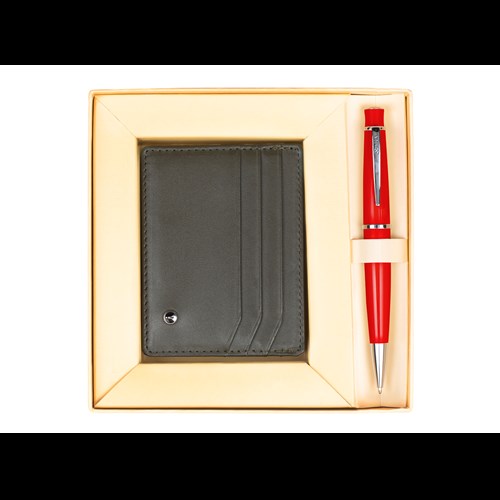  DR3104-C1/2 Hediyelik Set Tükenmez Kalem 62 Kırmızı & Deri Kredi Kartlık Haki